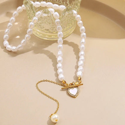 Dainty Pearl Drop Heart Clasp Choker Necklace - Veinci