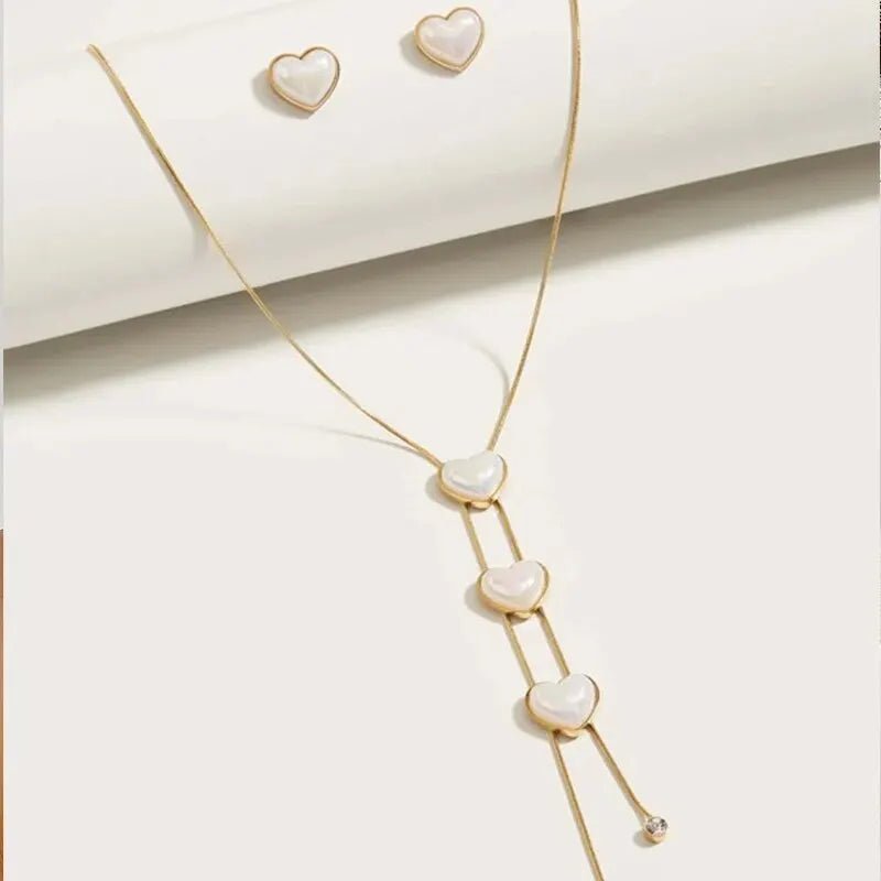 Dainty Pearl Heart Lariat Necklace and Earrings Set - Veinci