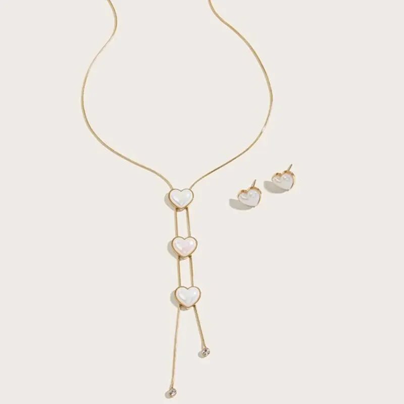 Dainty Pearl Heart Lariat Necklace and Earrings Set - Veinci