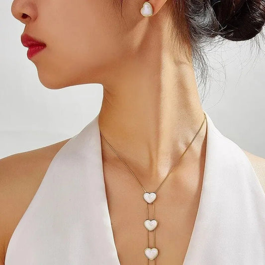 Dainty Pearl Heart Lariat Necklace and Earrings Set - Veinci