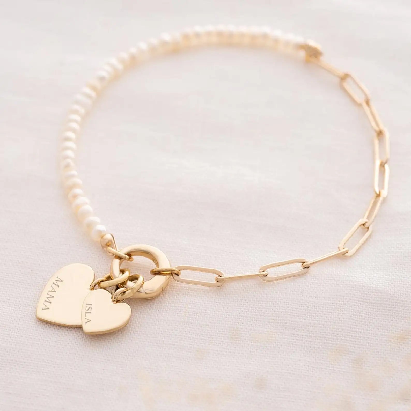 Dainty Personalized Double Heart Pearl Paperclip Chain Bracelet - Veinci