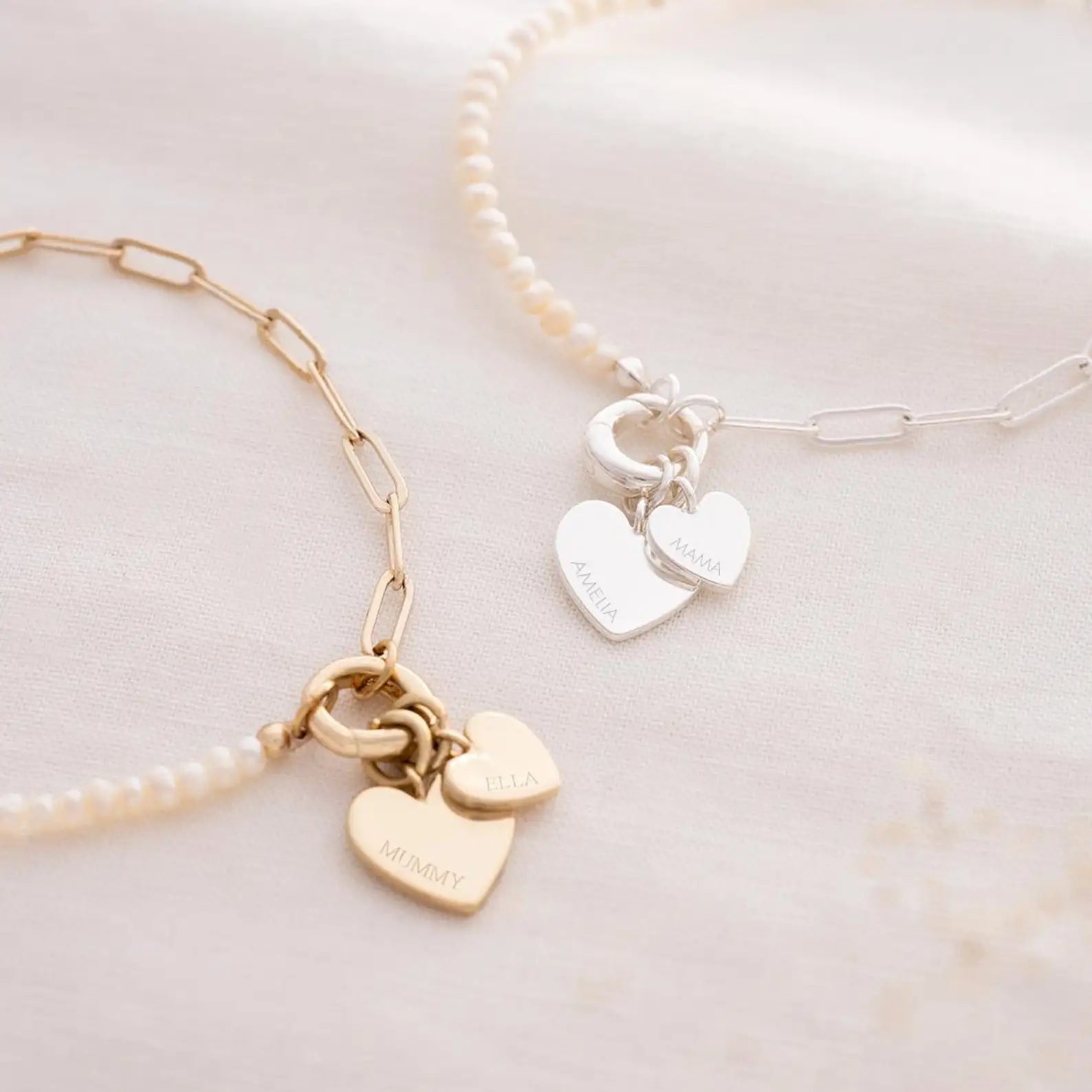 Dainty Personalized Double Heart Pearl Paperclip Chain Bracelet - Veinci