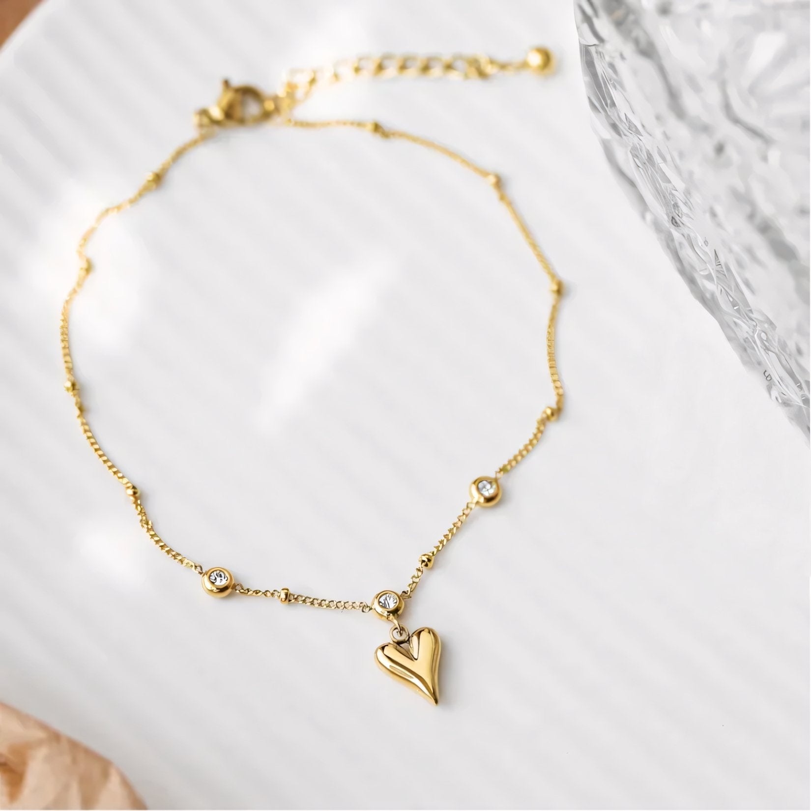 Dainty Romantic Heart Diamond Anklet - Veinci