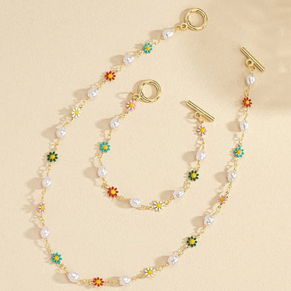 Dainty Spring Floral Pearls Bracelet and Necklace Set - Veinci