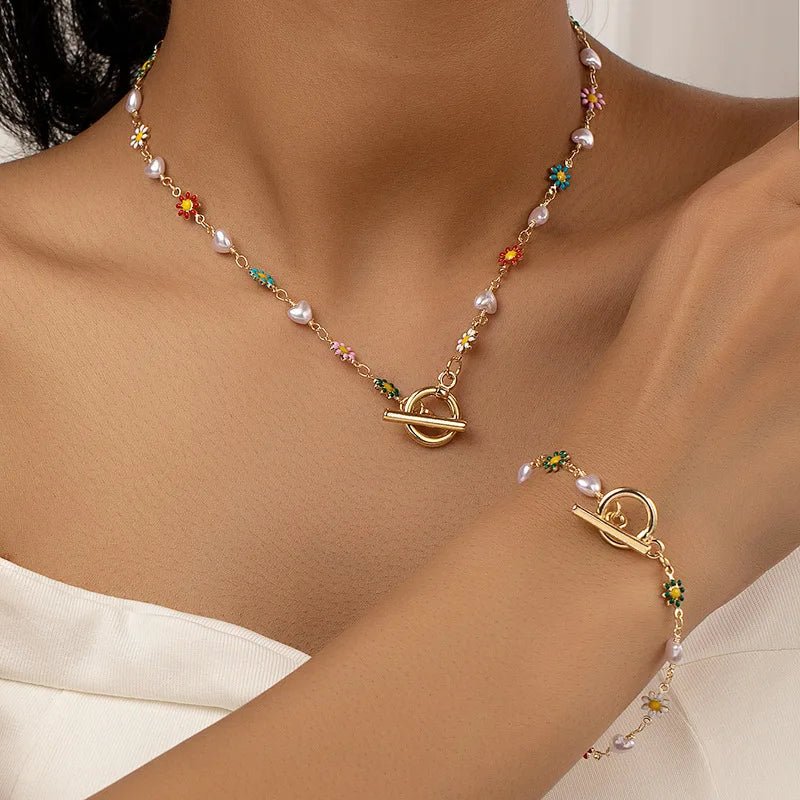 Dainty Spring Floral Pearls Bracelet and Necklace Set - Veinci