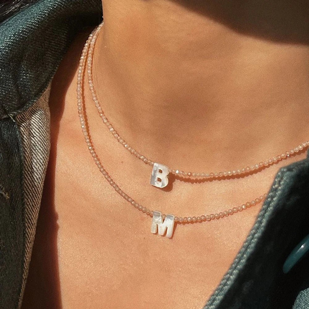 Dainty Stone Beaded Initial Necklace - Veinci