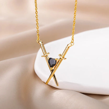 Dainty Sword and Heart Pendant Necklace - Veinci