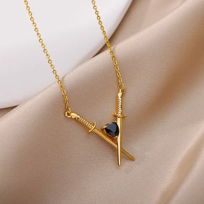 Dainty Sword and Heart Pendant Necklace - Veinci