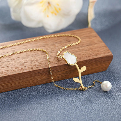 Dainty Tulip Pearl Tassel Necklace - Veinci