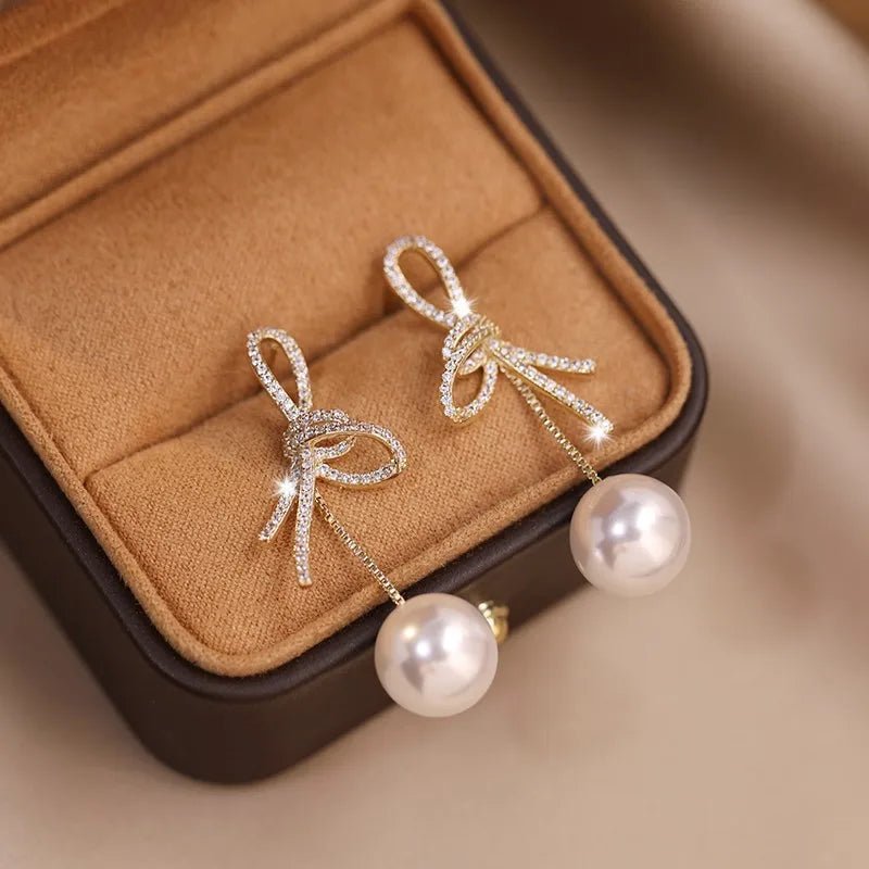 Dazzling Bowknot Pearl Drop Earrings - Veinci