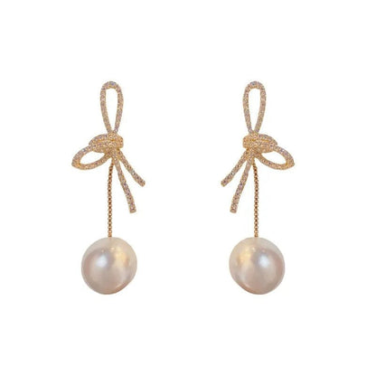 Dazzling Bowknot Pearl Drop Earrings - Veinci