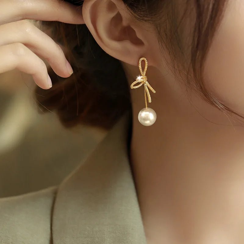 Dazzling Bowknot Pearl Drop Earrings - Veinci