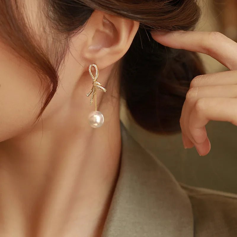 Dazzling Bowknot Pearl Drop Earrings - Veinci