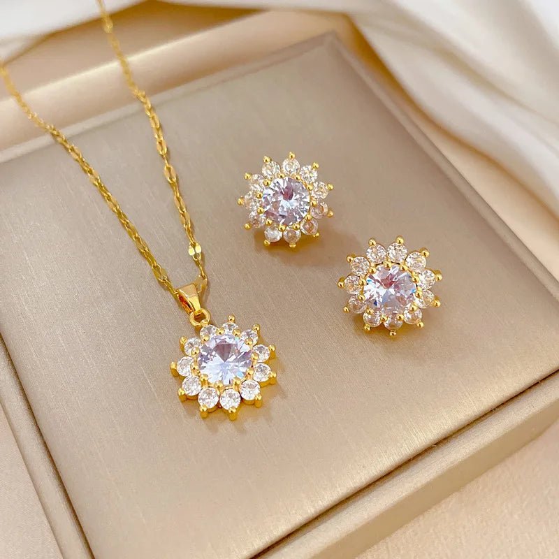 Dazzling Sunflower Floral Necklace and Earrings - Veinci