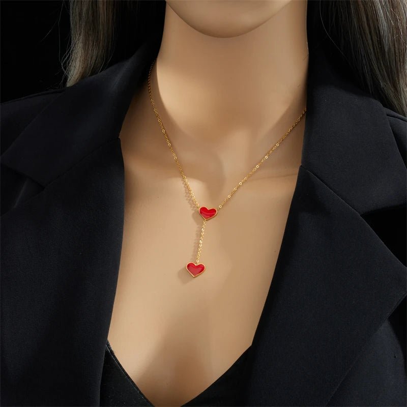 Double Heart Drop Necklace - Veinci