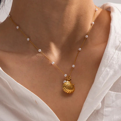 Elegant Dainty Spaced Pearl Seashell Necklace - Veinci