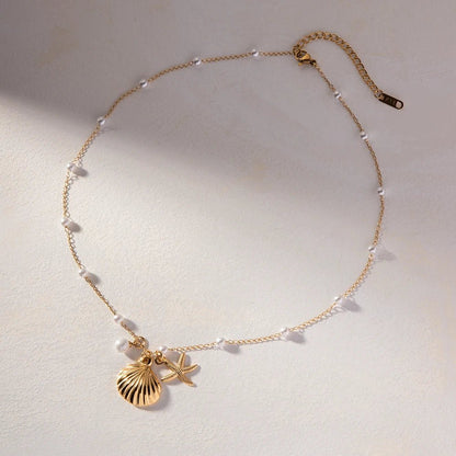 Elegant Dainty Spaced Pearl Seashell Necklace - Veinci