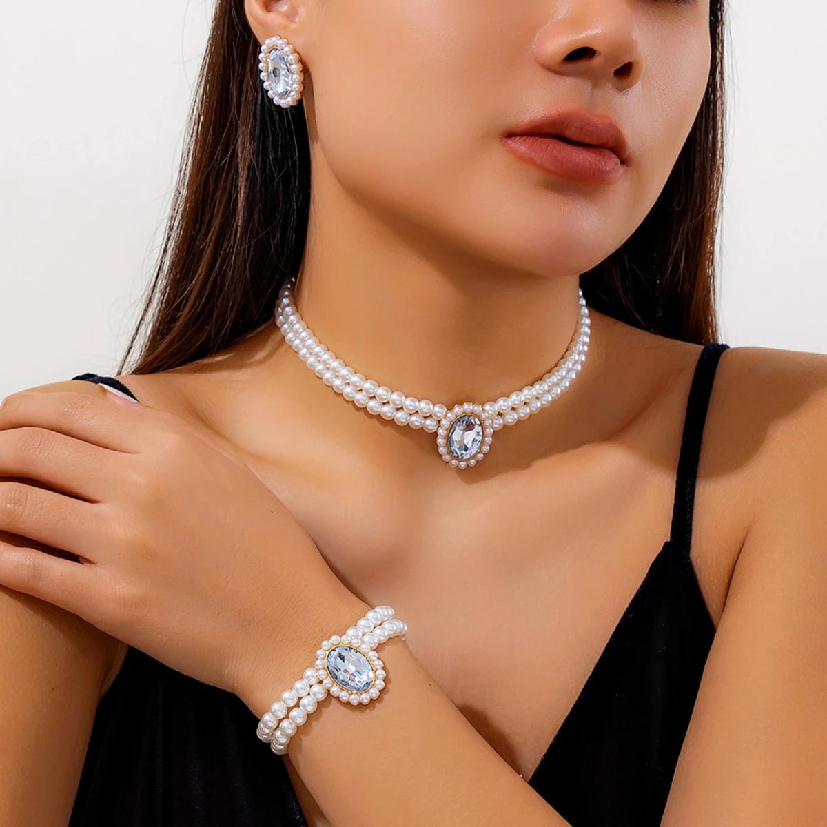 Elegant Oval Diamond Pearl Necklace, Bracelet, Earrings Set - Veinci