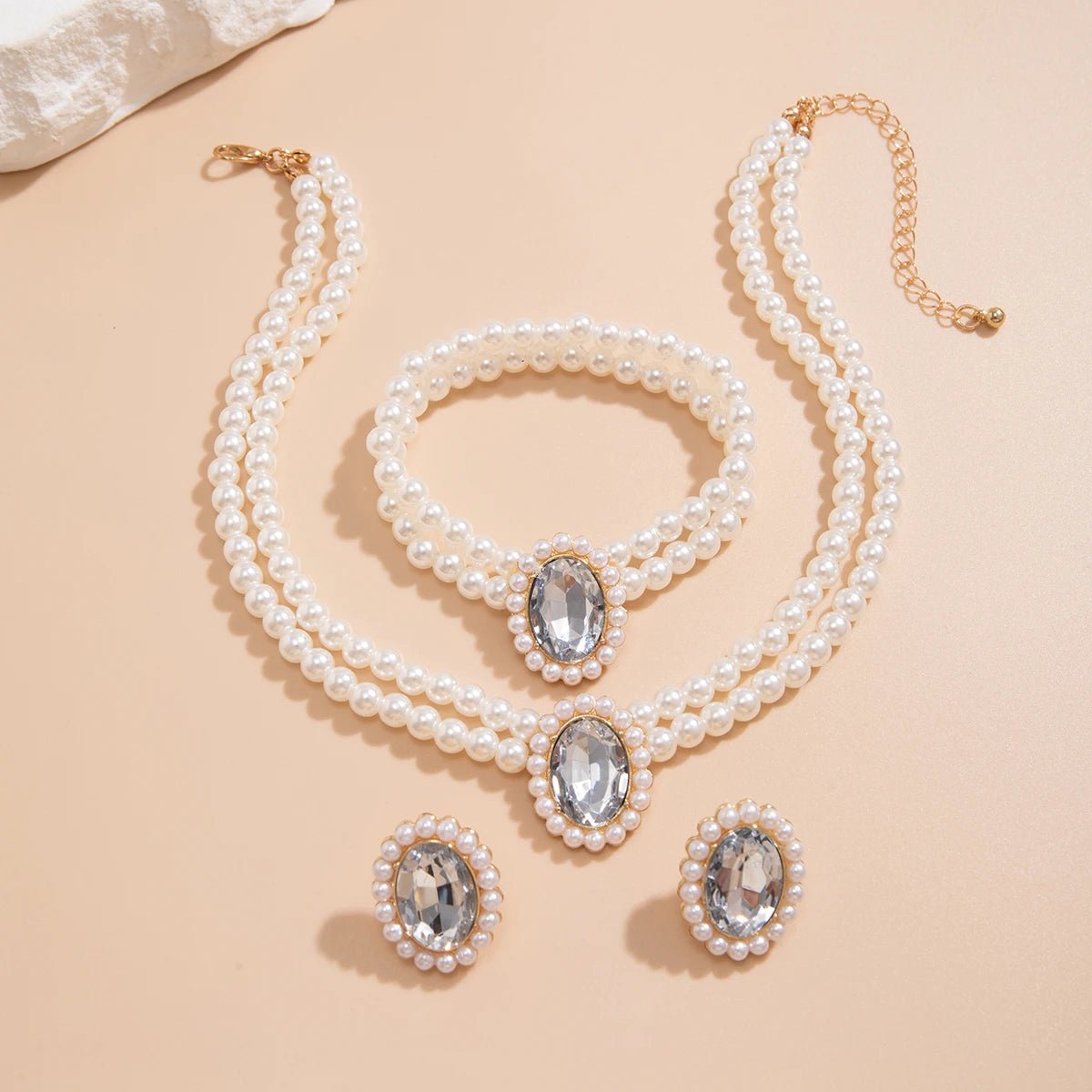 Elegant Oval Diamond Pearl Necklace, Bracelet, Earrings Set - Veinci