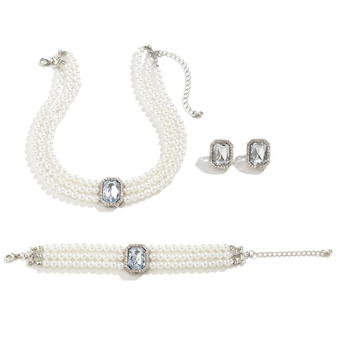 Elegant Pearl Diamond Necklace, Bracelet, and Earring Set - Veinci