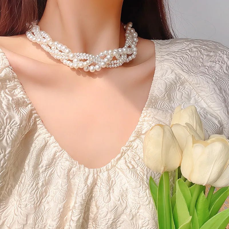 Elegant Pearl Embrace Layered Choker Necklace - Veinci