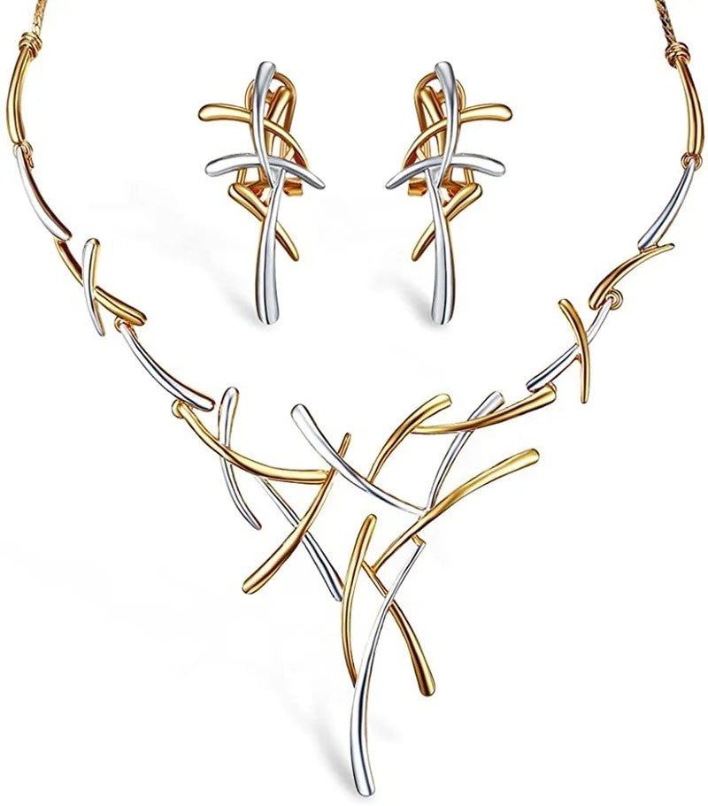 Elegant Two - Tone Branch Cross Necklace and Earring Set - Veinci