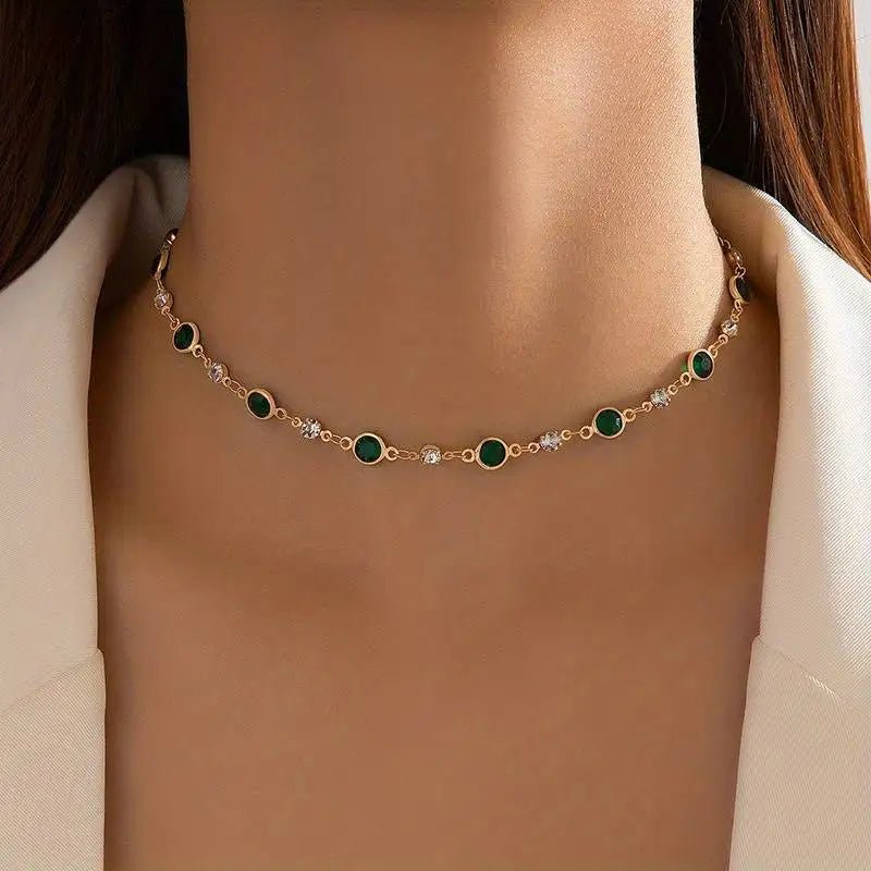 Emerald and Diamond Spaced Choker Necklace - Veinci