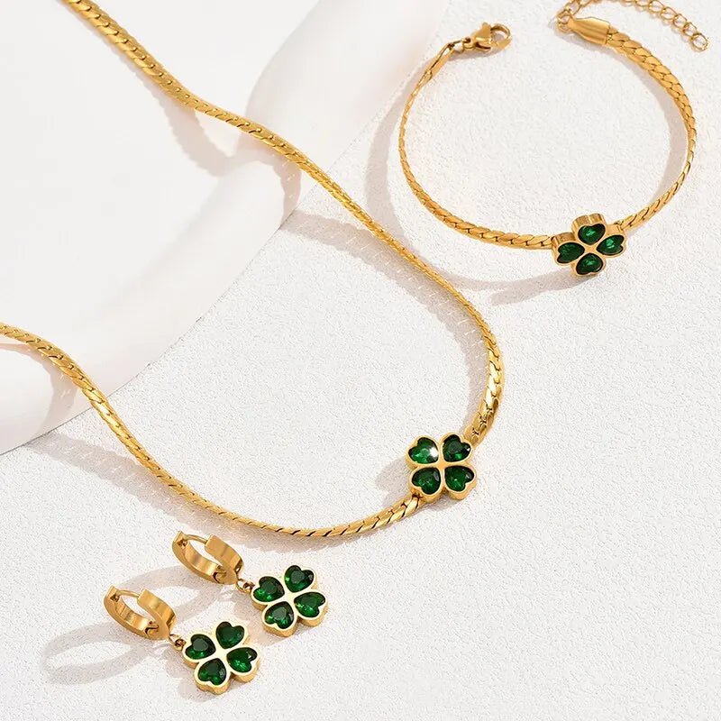 Emerald Four Leaf Clover Necklace, Bracelet, and Earring Set - Veinci