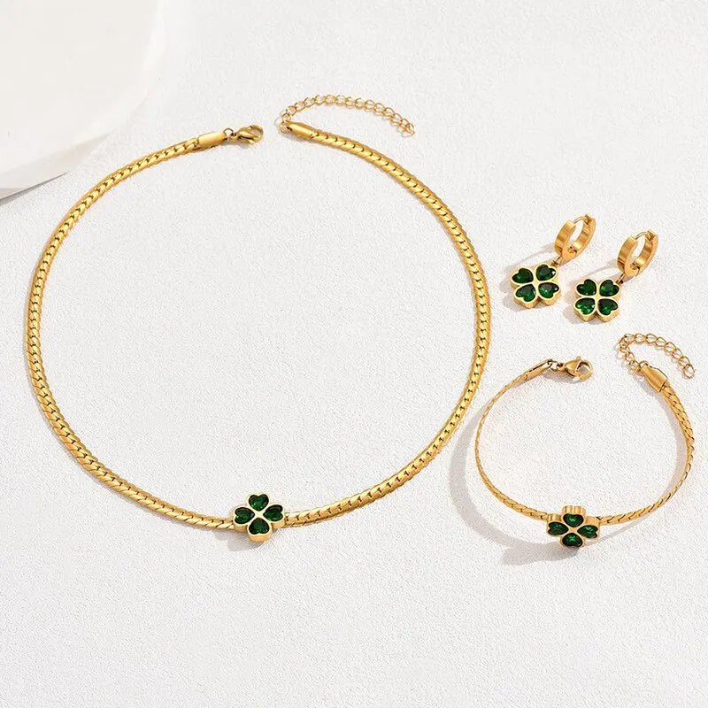 Emerald Four Leaf Clover Necklace, Bracelet, and Earring Set - Veinci