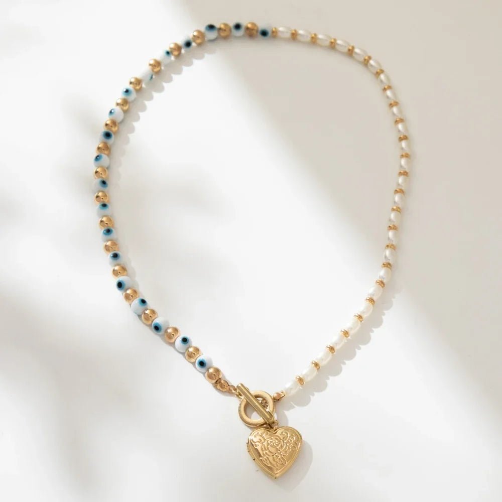 Evil Eye Pearl Heart Locket Necklace - Veinci