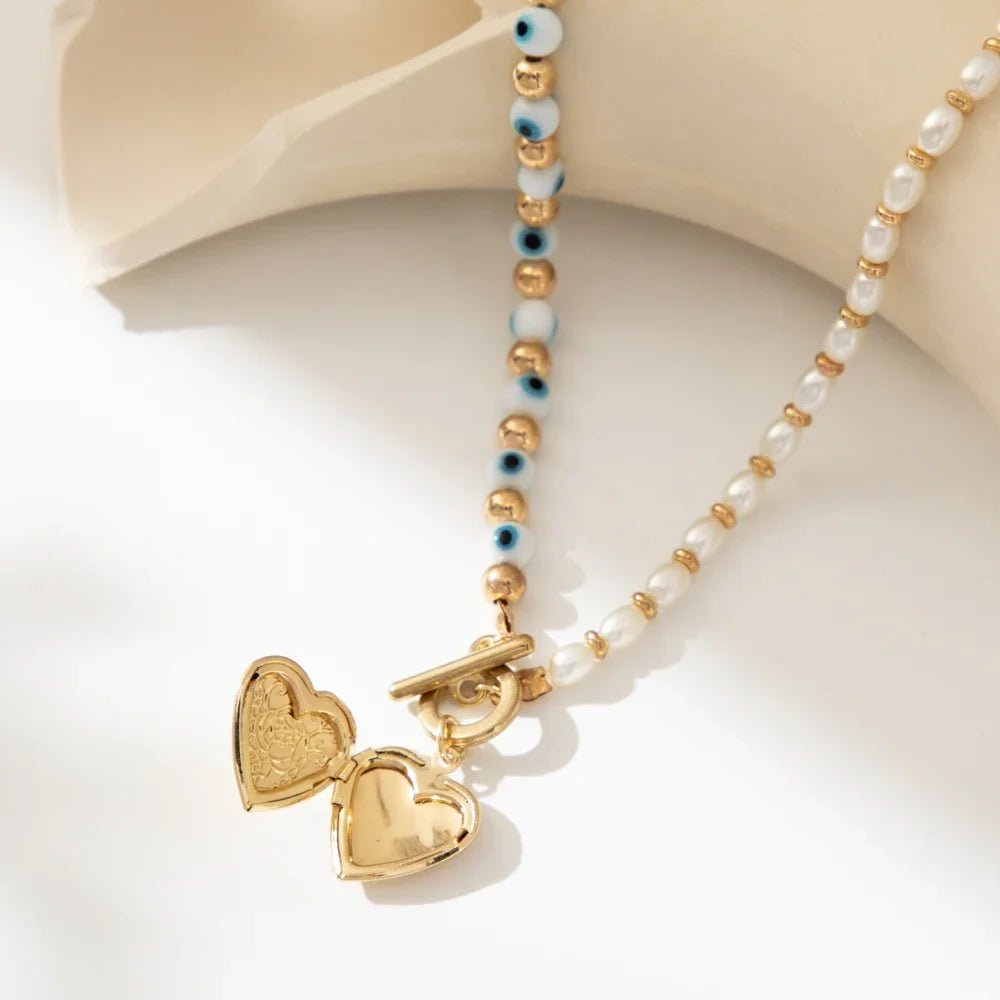 Evil Eye Pearl Heart Locket Necklace - Veinci