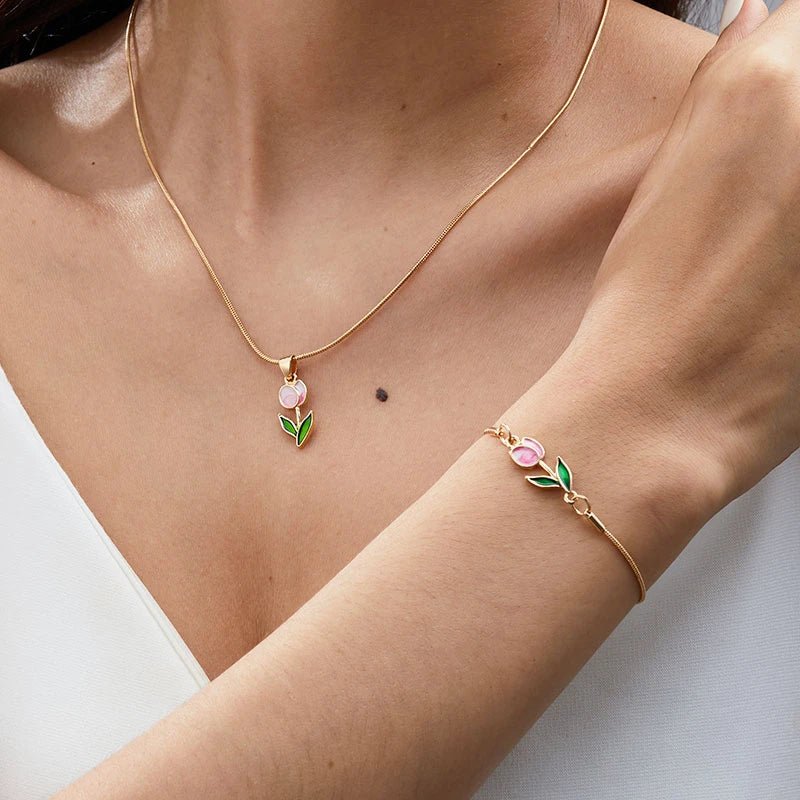 Feminine Floral Tulip Bracelet and Necklace Set - Veinci