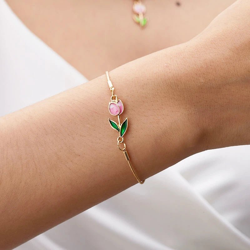 Feminine Floral Tulip Bracelet and Necklace Set - Veinci