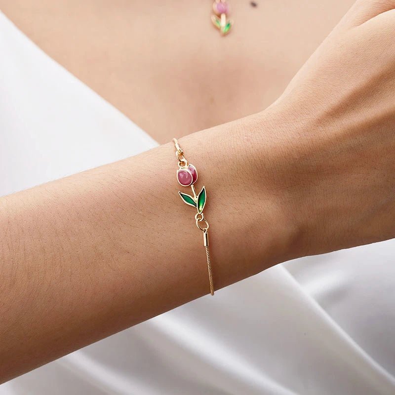 Feminine Floral Tulip Bracelet and Necklace Set - Veinci