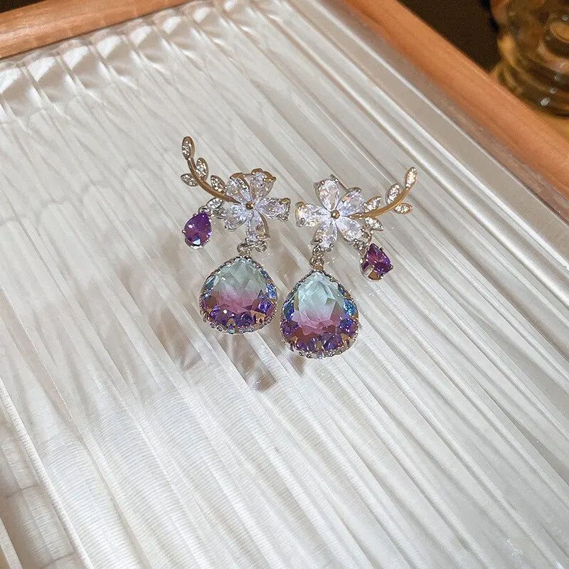 Floral Amethyst Water Drop Earrings - Veinci