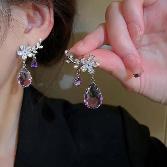 Floral Amethyst Water Drop Earrings - Veinci