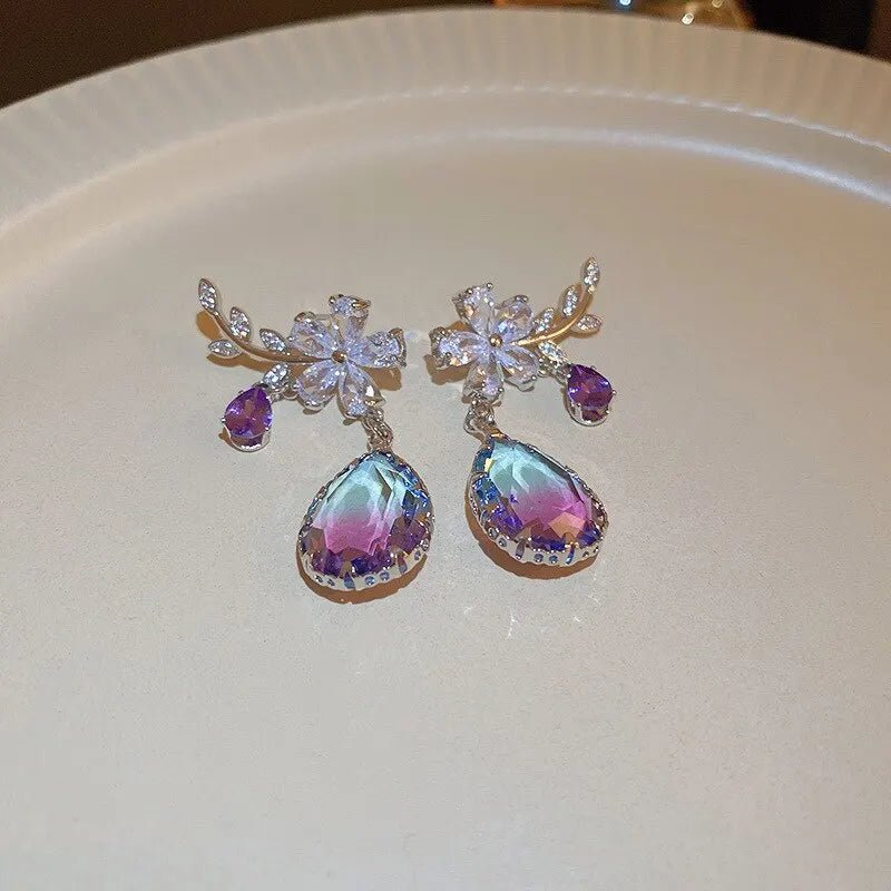 Floral Amethyst Water Drop Earrings - Veinci