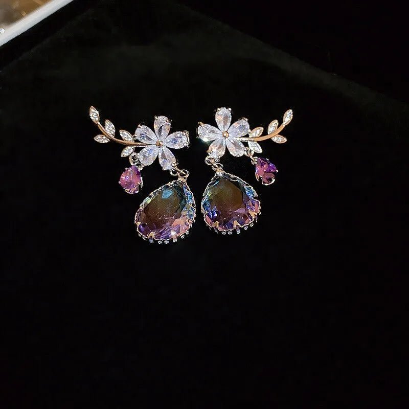 Floral Amethyst Water Drop Earrings - Veinci