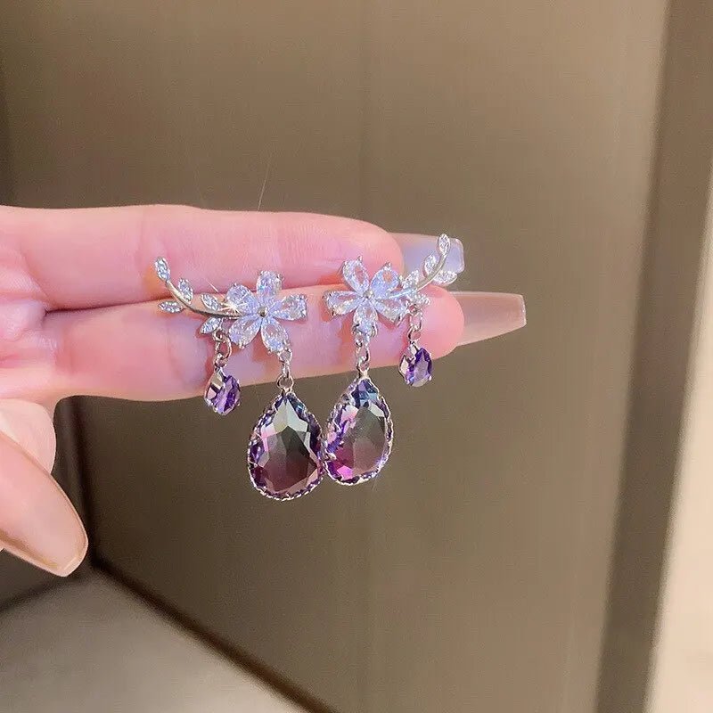 Floral Amethyst Water Drop Earrings - Veinci