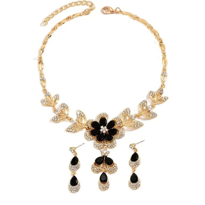 Floral Black and Gold Diamond Necklace and Earring Set - Veinci