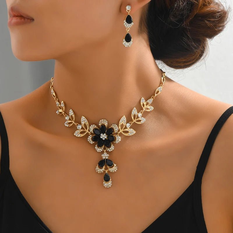 Floral Black and Gold Diamond Necklace and Earring Set - Veinci