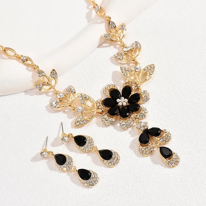 Floral Black and Gold Diamond Necklace and Earring Set - Veinci