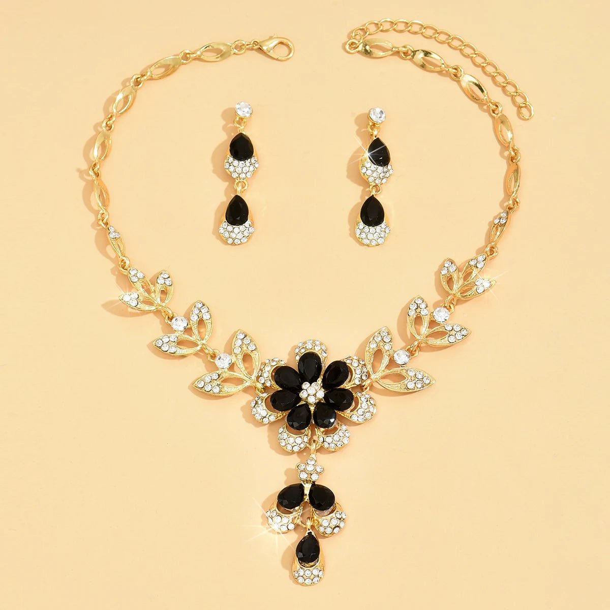 Floral Black and Gold Diamond Necklace and Earring Set - Veinci