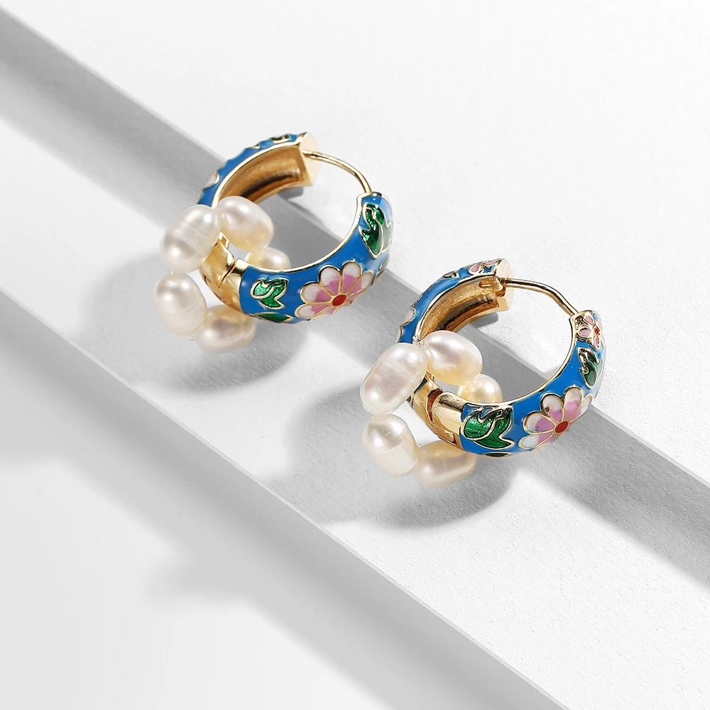 Floral Elegance Pearl Enamel Hoop Earrings - Veinci