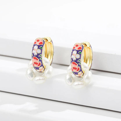 Floral Elegance Pearl Enamel Hoop Earrings - Veinci