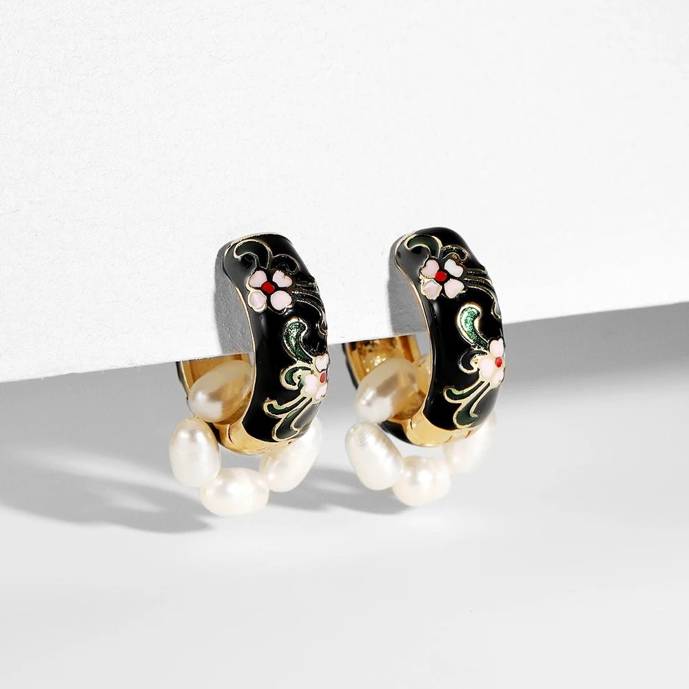 Floral Elegance Pearl Enamel Hoop Earrings - Veinci