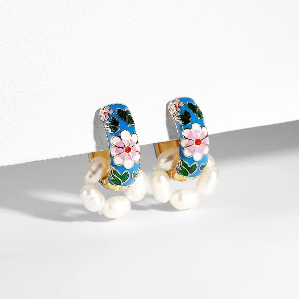 Floral Elegance Pearl Enamel Hoop Earrings - Veinci