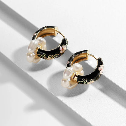 Floral Elegance Pearl Enamel Hoop Earrings - Veinci