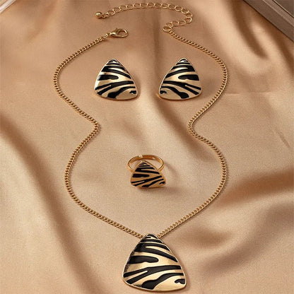 Geometric Leopard Print Necklace, Ring, Earrings Set - Veinci