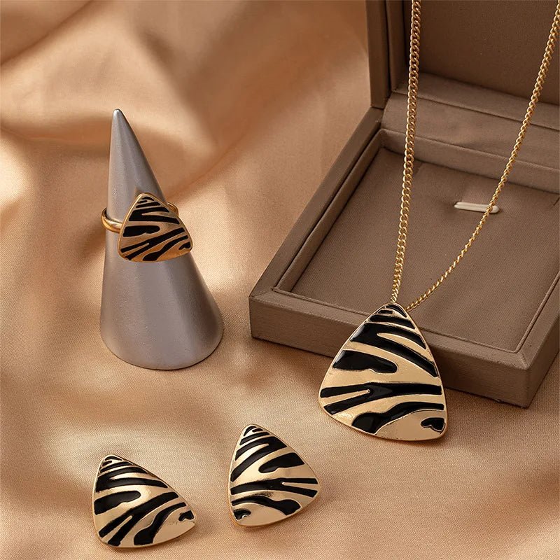 Geometric Leopard Print Necklace, Ring, Earrings Set - Veinci